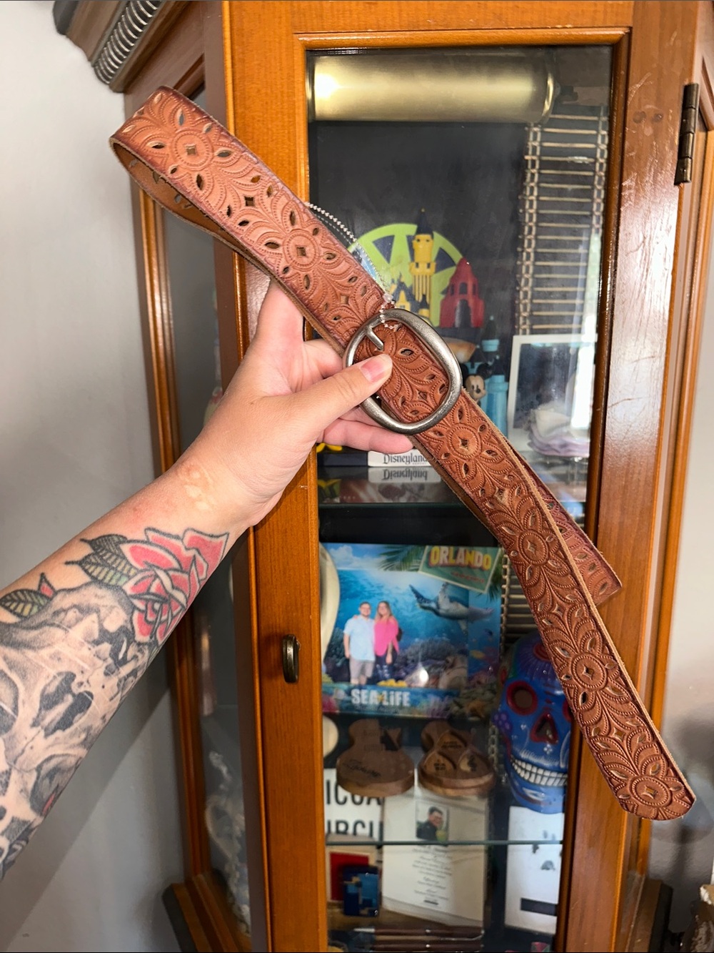 Fossil Tooled Floral Brown Leather Belt with Oval Buckle